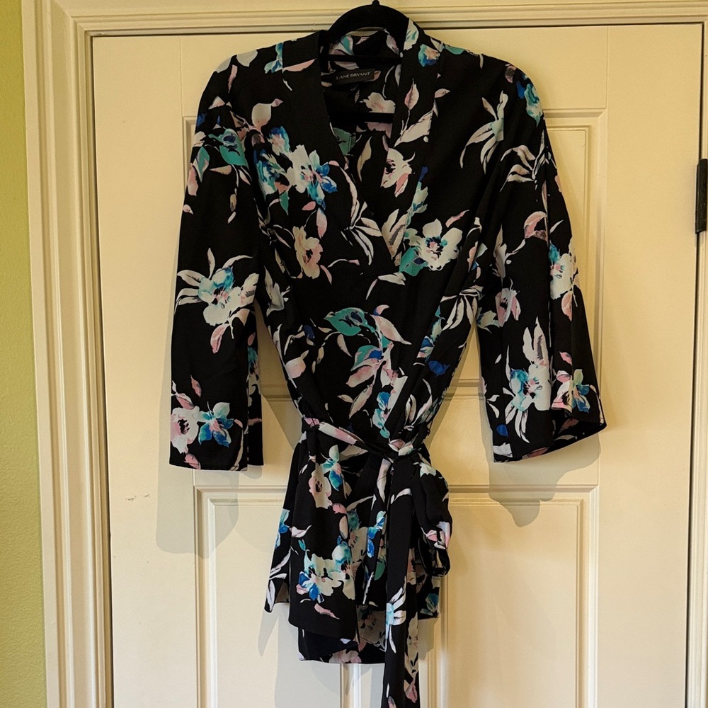 Lane Bryant Black Floral Wrap Top